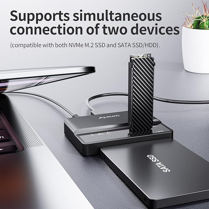 Alxum M.2 NVME SATA SSD Enclosure External-- 2 in 1 Tool-Free Portable 10Gbps USB 3.2 SSD Hard Drive Reader for 2230/2242/2260/2280 M/B+M Key PCIE NVME M.2 and 2.5" /3.5" SATA SSD