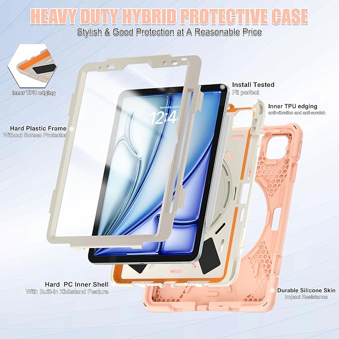 TSQQST Case for iPad Air 11 Inch M4 2026/M3 2025/M2 2024, Cover for iPad Air 5th 4th Generation 10.9"/Pro 11 4th/3rd/2nd/1st Heavy Duty Shockproof Case w/Screen Protector+Handle Grip+Strap, Gold