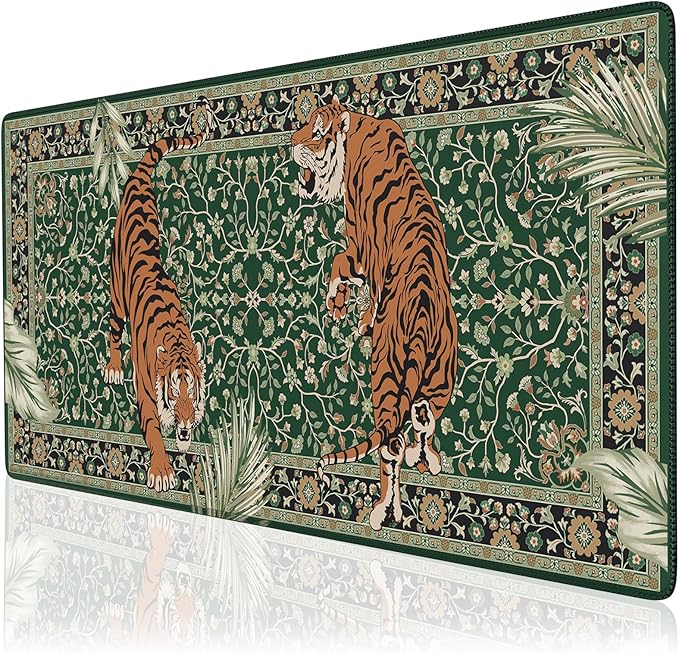 Desk Pad Mat, Stitched Edges Cute Desk Mat, Non-Slip Tiger Desk Mat Gaming, Smooth Green Mouse Pad, Soft Desk Cushion for Office Home 35.4 x 15.7 Inches (Green)
