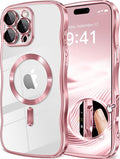 GVIEWIN for iPhone 16 Pro Case Compatible with MagSafe, Upgraded [Full Camera Protection][Cute Wave Frame][Military Grade Protection] Electroplated Soft Phone Cover for Women Girl, Clear/Pink