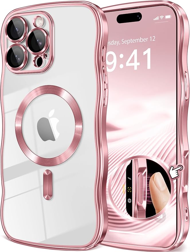 GVIEWIN for iPhone 16 Pro Case Compatible with MagSafe, Upgraded [Full Camera Protection][Cute Wave Frame][Military Grade Protection] Electroplated Soft Phone Cover for Women Girl, Clear/Pink