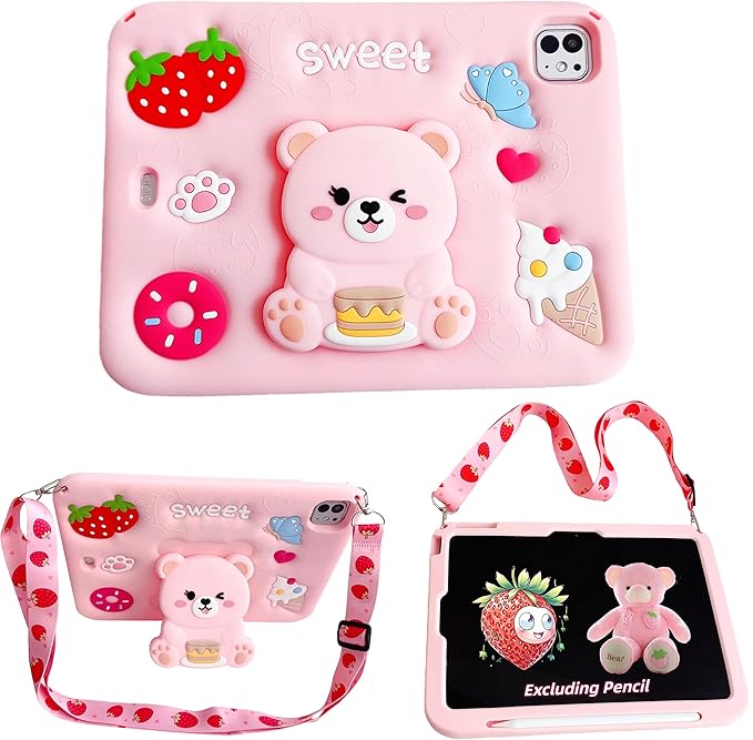 Girls Case for iPad Air 11 inch M3 (2025) / M2 (2024), iPad Air 5th/4th 10.9 inch(2022/2020), iPad Pro 11 inch(2024-2018),Cute Soft Silicone Shockproof Cover with Pencil Holder