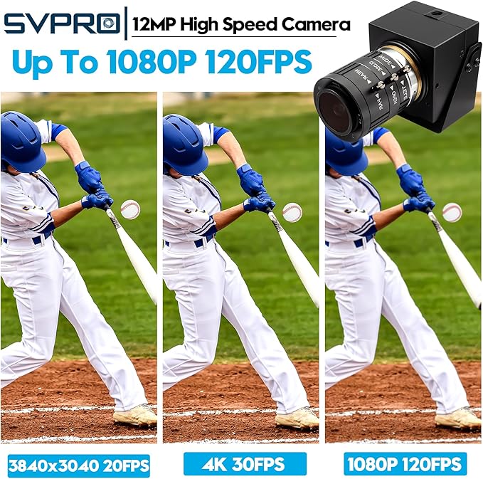 SVPRO 1080P 120fps High Speed USB Camera,12 Megapixels 4K Glof Swing Webcam Manual Focus with 3X Optical Zoom,Industrial Lightburn Cam UVC Plug and Play for Computer Laptop Raspberry Pi