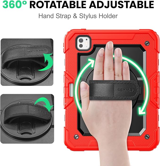 SEYMAC for iPad Pro 11 Inch Case M5 2025 / M4 2024, Heavy Duty Shockproof Protective Case with Screen Protector, 360° Rotating Stand, Hand/Shoulder Strap and Pen Holder, Red
