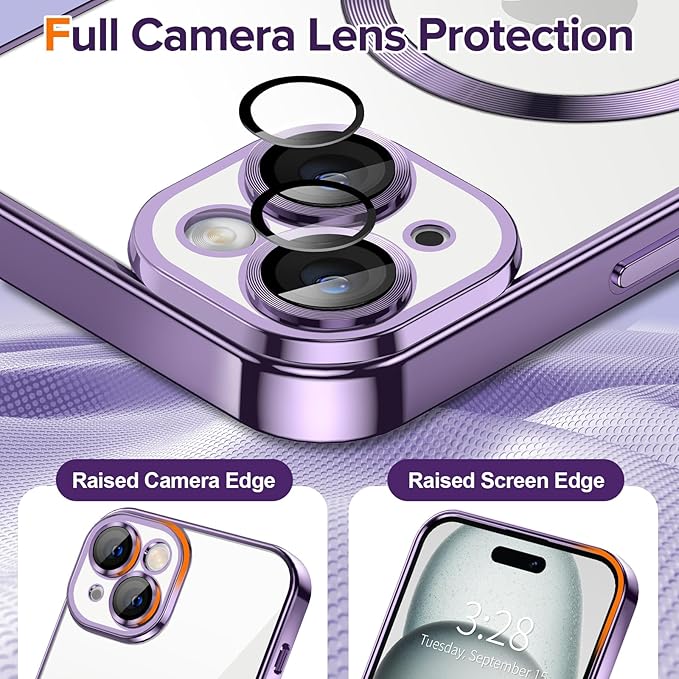 Hython Magnetic Clear for iPhone 15 Plus Case with Camera Lens Protector [Compatible with MagSafe] Luxury Plating Edge Slim Soft TPU Cover Protective Phone Case for iPhone 15 Plus 6.7", Deep Purple
