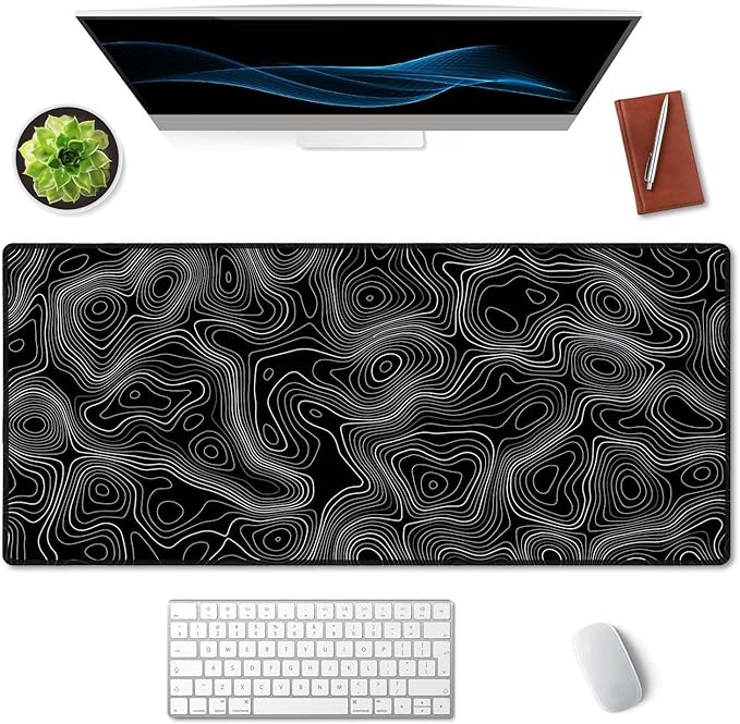 SSOIU Black Topographic Extended Gaming Mouse Pad XXL ArtSo Large Keyboard Mat Long Mousepad Desk Decor Writing Pad Non Slip Rubber Base Stitched Edges for Work, Game, Office, Home, 35.5" x 15.7"
