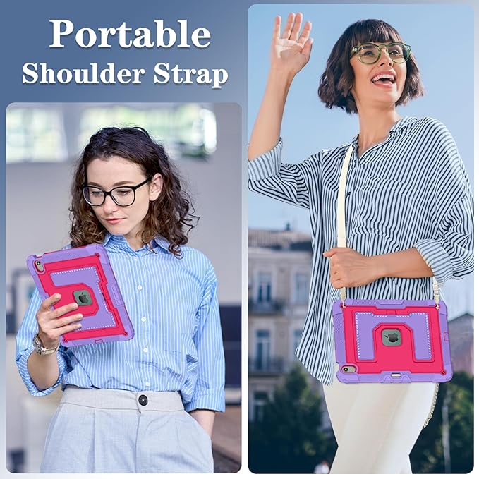 Kids Friendly Case for iPad Air 13 Inch M4 M3 M2 2026/2025/2024 Case with Pencil Holder & Shoulder Strap, Military Grade Shockproof Kickstand Hard Shell Protective Cover,Rose+Purple