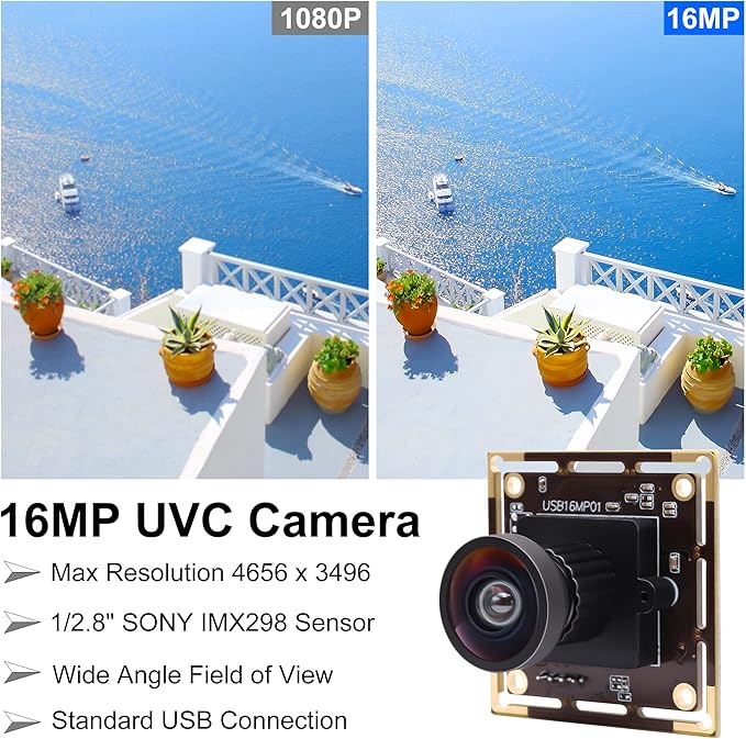 SVPRO 16MP Wide Angle USB Camera for Computer,USB Camera Module 1/2.8" CMOS IMX298 UVC 3D Printer Camera Video Webcam,USB Industrial Camera Module with 3.3ft/1m Cable