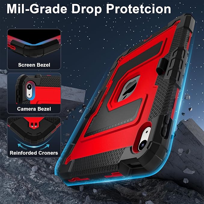 Kids Friendly Case for iPad A16 11th Generation 11 Inch 2025 / iPad 10th Generation 10.9" 2022 Case with Pencil Holder & Shoulder Strap, Hybrid iPad 11 10 Cover Rugged Shockproof Kickstand,Black+Red