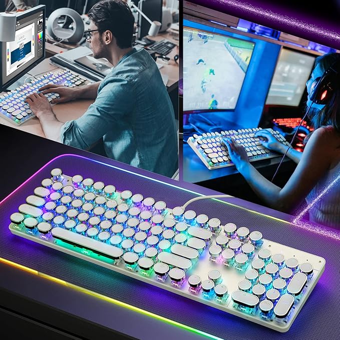 YSCP Typewriter Style Mechanical Gaming Keyboard RGB Backlit Wired with Blue Switch Retro Round Keycap 104 Keys Keyboard (R-White)