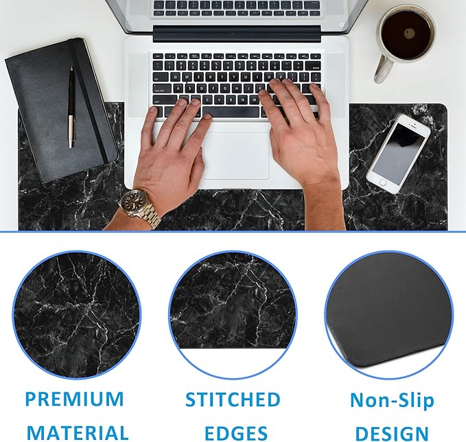 Black Marble Texture Desk Mat,Large Gaming Mouse Pad,Non-Slip Rubber Base Desk Pad with Stitched Edges for Desk Office Home Decor 35.4X15.7 Inch