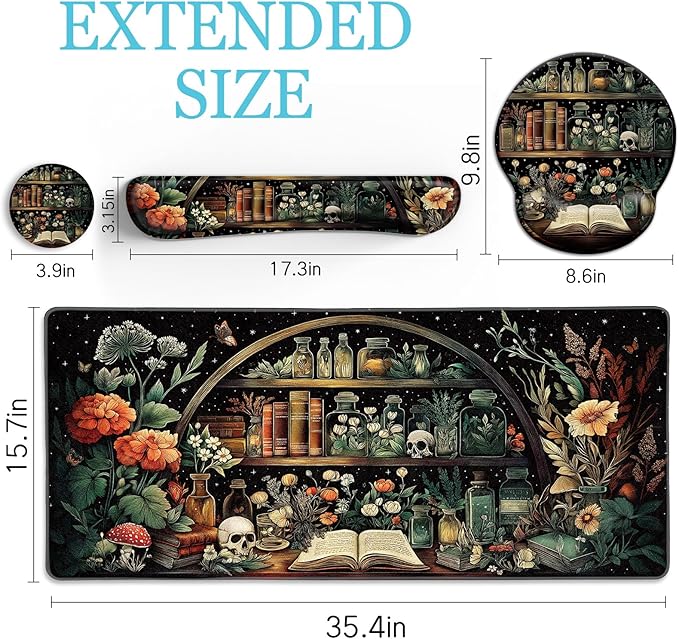 LIMKRIAN Goth Skull Mouse Pad Set Large Desk Mat for Desktop, Ergonomic Mouse Pad with Wrist Rest for Gaming, Keyboard Mat Wrist Support Cup Coaster Set, Gothic Office Desk Accessories Decor Supplies