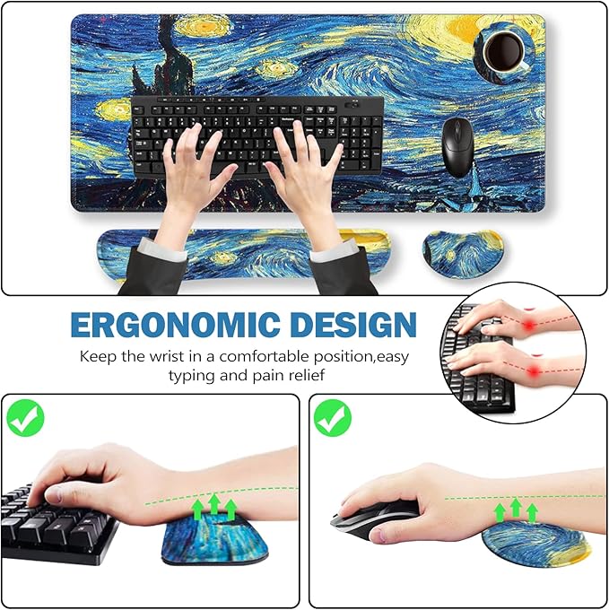 ToLuLu Extended Gaming Mouse Pad, Memory Foam Ergonomic Keyboard Mouse Wrist Rest Support Set, Large Desk Mat with Stitched Edges, Non-Slip Base Mousepad for Home Office, Van Gogh Starry Night