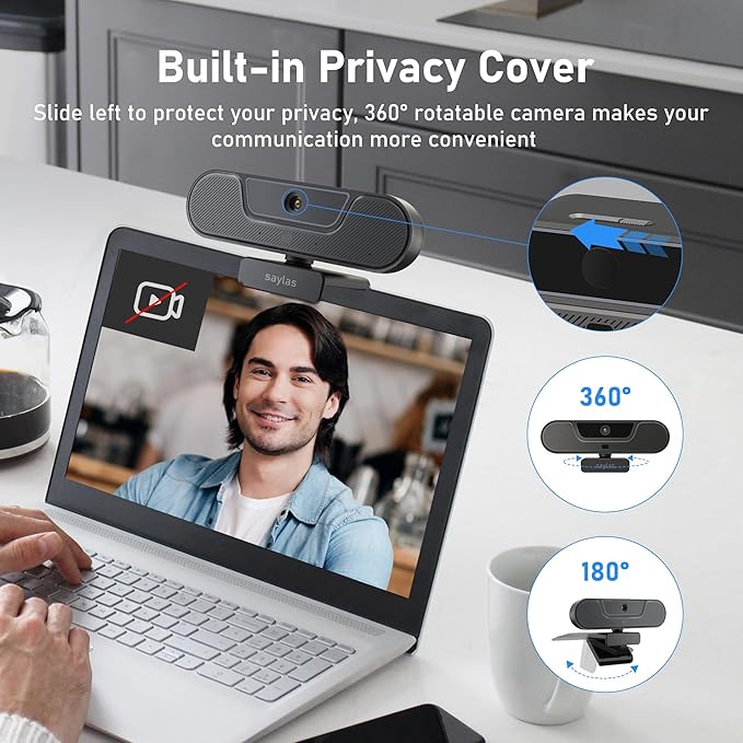 saylas 4K Webcam with Microphone and Speaker, Wide Angle 112°, Remote Control, Autofocus, Digital Zoom, Privacy Cover, Plug & Play Web Streaming Camera for Computer, USB Webcam for Pc