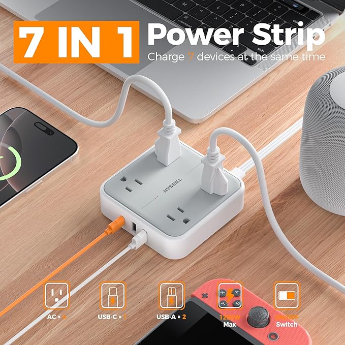 TESSAN Surge Protector Flat Extension Cord 3Ft, Ring Plug Power Strip with 4 Outlets 3 USB Ports (1 USB C), 900 Joules Protection, Multiple Wall Outlet Extender Suitable for Home Office Dorm, Grey