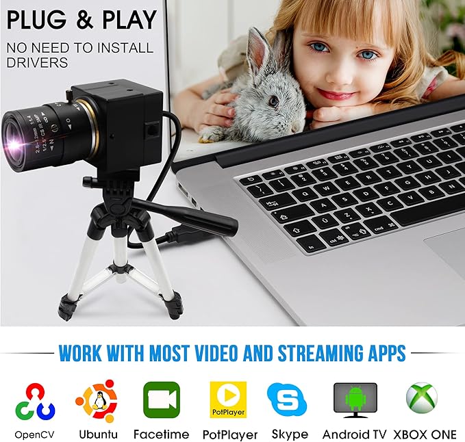 4K USB Camera 2.8-12mm 4X Varifocal Manual Lens 2160P Ultra HD USB Camera UVC Compliant Close-up Webcam Support OpenCV USB Computer Webcam for Conference Calling Live Streaming