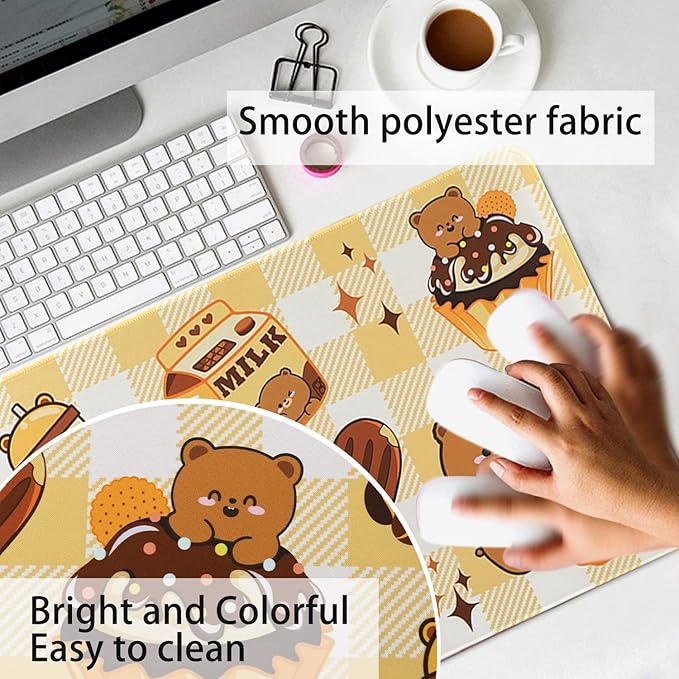 Kawaii Bear Gaming Mouse Pad for Desk, Extended Large Bear Chocolate Donut Mouse Pad, Orange Yellow Mousepad XL, Long Big Mouse Mat, Kawaii Bear Decor Stuff Accessories, 31.5 X 11.8 Inch