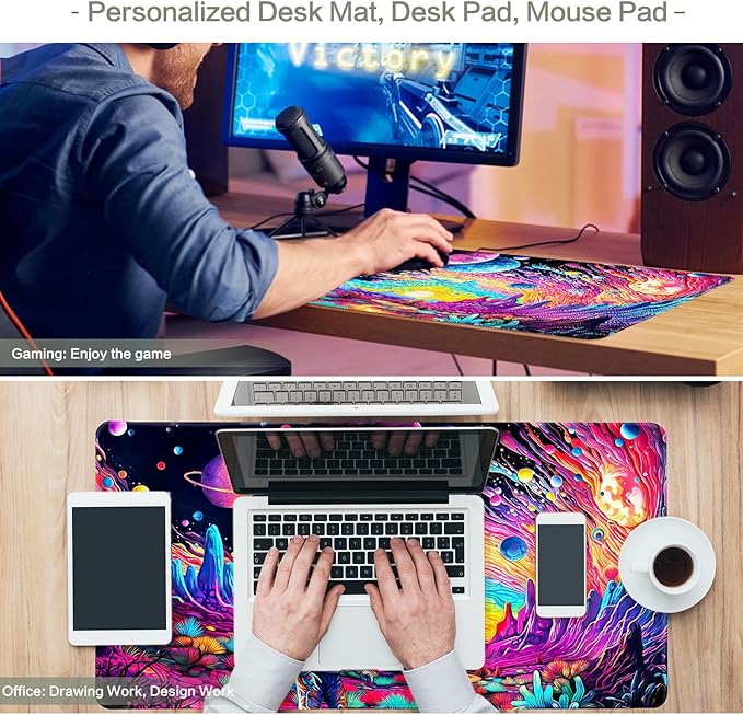 Cyberpunk Astronaut Mouse Pad Desk Mat Fantasy Planet Space Large Gaming Mouse Pad Anime Desk Pad Mousepad XL Extended Keyboard Mat Futuristic Cosmic Adventure Mouse Mat, Waterproof, 31.5 x 11.8 in