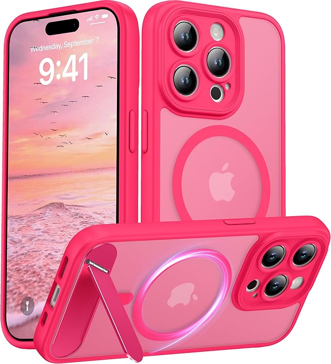 Magnetic Compatible with iPhone 15 Pro Case, [Built-in Kickstand][Full Camera Protection][Compatible with MagSafe][Anti-Fingerprint] Shockproof Phone Case for iPhone 15 Pro 6.1",Hot Pink
