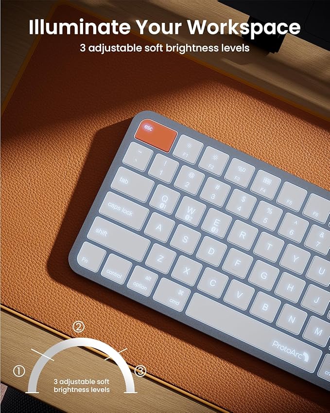 ProtoArc Bluetooth Keyboard for iPad, K90-A Backlit Compact Wireless Keyboard for Mac, Multi-Device, Low Profile, Rechargeable, Compatible with MacBook Pro/Air/Neo, Not for Windows - White Silver