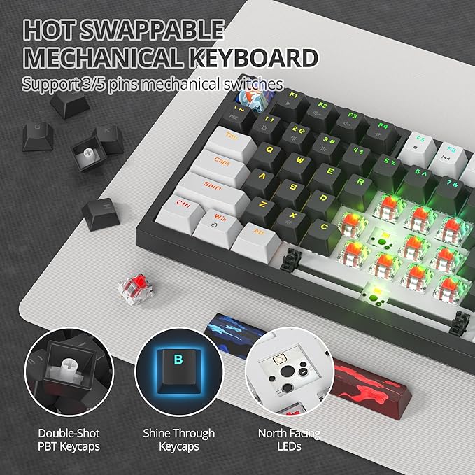 75% Mechanical Gaming Keyboard - Hot Swappable RGB Backlit Custom Keyboard with Knob, Gasket Mount USB Wired, 82 Keys (White, Black, Linear, Red Switch)