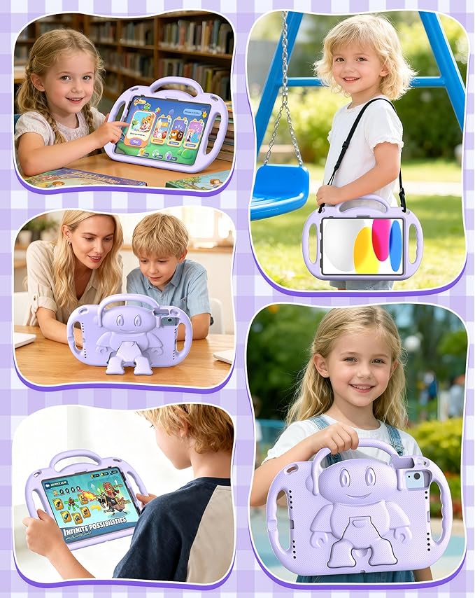 Kids Case for iPad A16 11" 2025 (11th Gen) & 10th Generation 10.9" 2022 & iPad Air 11" M3/M2 & Air 5th/4th Gen & Pro 11, Durable Shockproof Cover with Shoulder Strap Handle Stand, Light Purple
