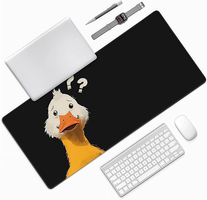 Cute Duck with Question Mark XXL Large Mouse Pad, 35.4x15.7 Inches Extended Desk Mat, Non-Slip Rubber Base, Black Gaming Mouse Pad for Wireless Mice and Keyboards
