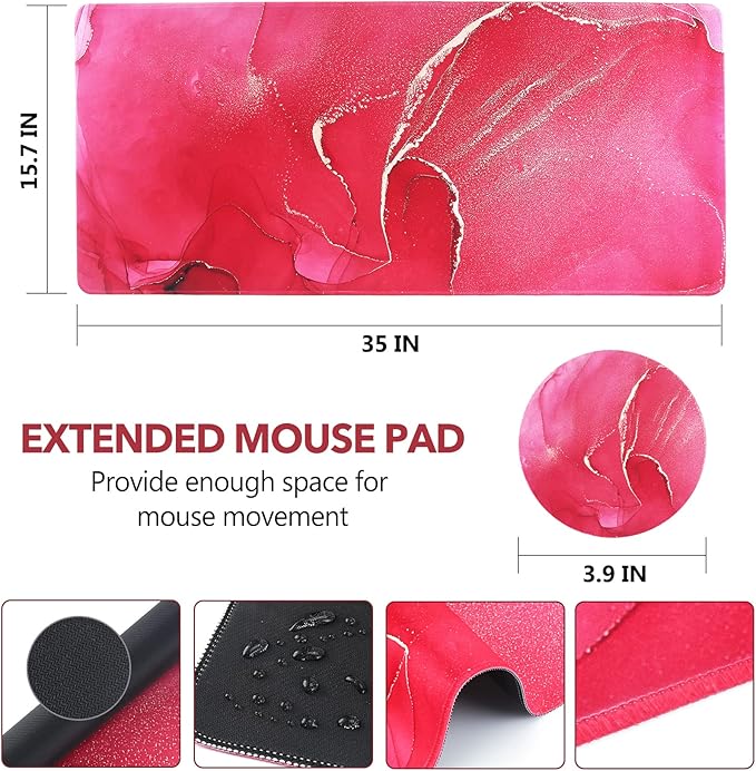 AIMSA Extended Gaming Mouse Pad, XL Large Keyboard Mouse Mat Desk Pad with Stitched Edges, Durable Non-Slip Base Mousepad for Home Office Work, 35x15.7inch,Red Marble