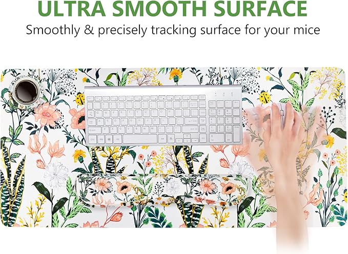 DINKY Keyboard Mouse Pad Set, Large Gaming Mousepad + Memory Foam Ergonomic Keyboard Wrist Rest Support, Easy Typing Pain Relief, 4Pcs (35.4" x 15.7") Extended Desk Mat -Beautiful Floral
