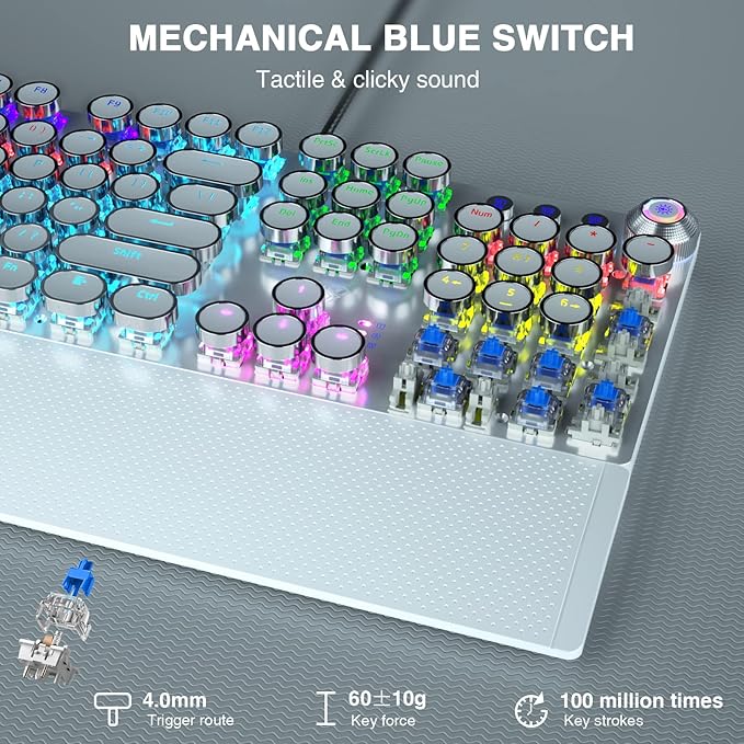 AULA F2088 Typewriter Mechanical Keyboard, White Retro Wired Gaming Keyboard with Blue Switches, Rainbow Backlit, Round Keycaps, Media Knob & Removable Wrist Rest