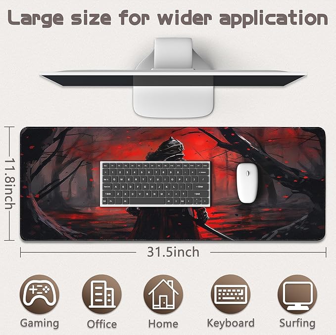 Gaming Mouse Pad - (31.5"×11.8") Japanese Samurai Large Mouse Pads for Desk - Desk Mat for Keyboard and Mouse with Non-Slip Base, Desks Pad Matfor Game/Office & Home