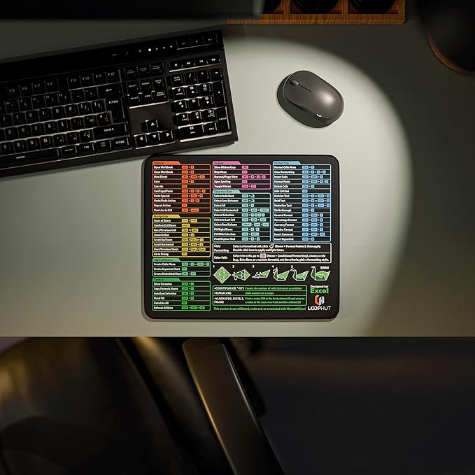 Excel Shortcut Keys Mousepad Mouse Mat | 12.6x10.6in M| Non-Slip Rubber Base | Durable Stitched Edge