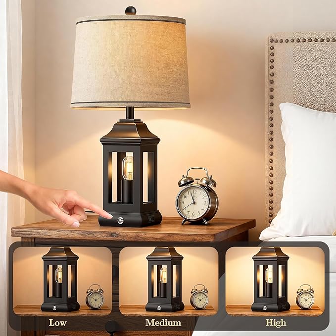 24" Rustic Farmhouse Table Lamps for Living Room, Single Pack Touch Dimmable Nightlight Vintage Bedside Lamps with USB A+C Ports & Dual Light Sources for Bedroom Nightstand End Table, Matte Black