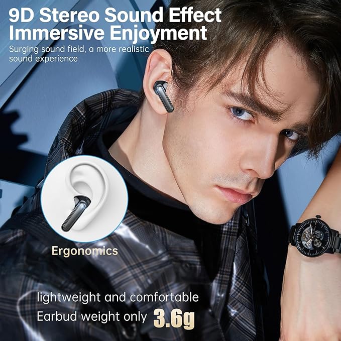 Wireless Earbuds, Bluetooth 5.3 Headphones HiFi Stereo 50H Playback LED Digital Display Ear Buds with ENC Noise Canceling Headset, IPX7 Waterproof Earphones for Gym/Running/Work (Black)