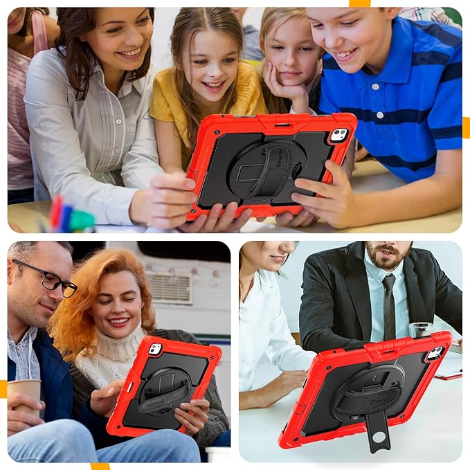 timecity Case for iPad Pro 13 Inch M5 2025 / M4 2024, 360° Rotating Stand, Pencil Holder & Wireless Charging, Shockproof with Screen Protector & Shoulder Strap - for Designers & Professionals, Red