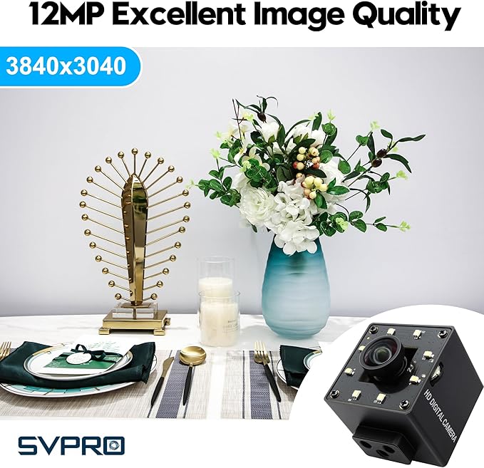 SVPRO 12MP USB Camera with Light, 4K Webcam 30fps / 1080P 120fps High Speed, IMX577 Sensor Low Light, USB Plug and Play for Lightburn, PC/Laptop, Comptible with Windows/MacOS/Linux/Android