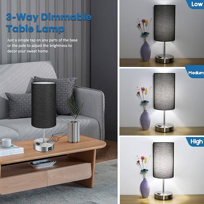 Black Touch Control Table Lamp Set of 2, with 2 USB Charging Ports&AC Outlet, 3-Way Dimmable Bedside Nightstand Lamps with Fabric Lampshade for Reading, Bedroom, Living Room, A19 LED Bulbs Included