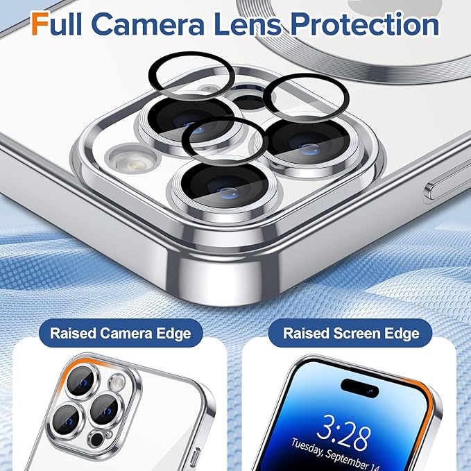 Hython Magnetic Clear for iPhone 14 Pro Max Case with Camera Lens Protector [Compatible with MagSafe] Plating Edge Slim Soft TPU Cover Protective Phone Case for iPhone 14 Pro Max 6.7", Silver