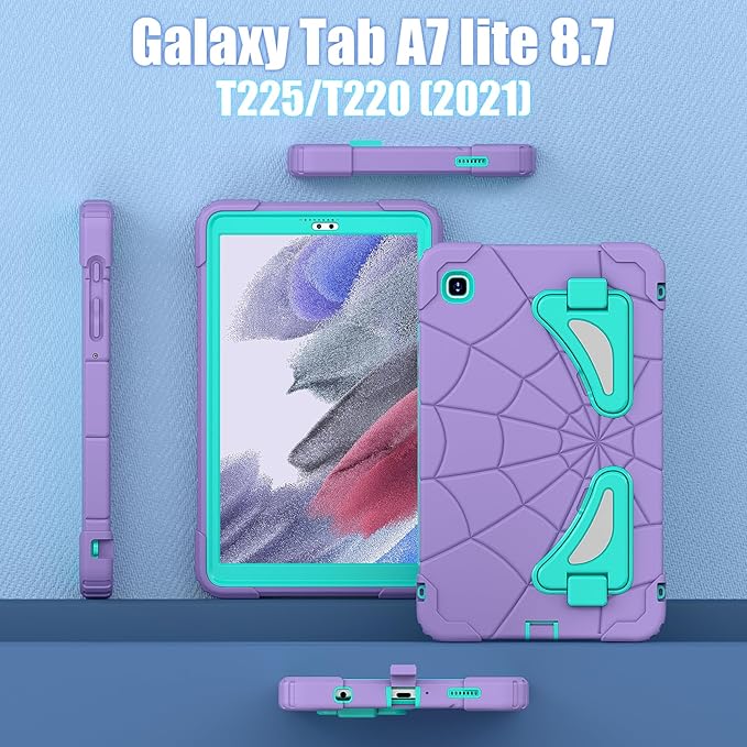 AKABEILA Compatible with Samsung Galaxy Tab A7 Lite 8.7 inch T225/T220(2021) Tablet Case，Lightweight Shockproof Rugged Protective Cover with Kickstand for Kids Children Boys Babies Purple Mint Green