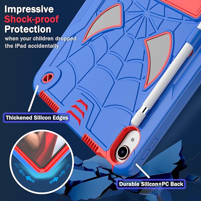 Dteck for iPad Air (3rd Generation) 2019 and iPad Pro (2017 Release) Hard Case 10.5" with Kickstand, Shoulder Strap/Screen Protector Film/Stylus Included, Shockproof Cute Spider Kid's Cover, Blue/Red