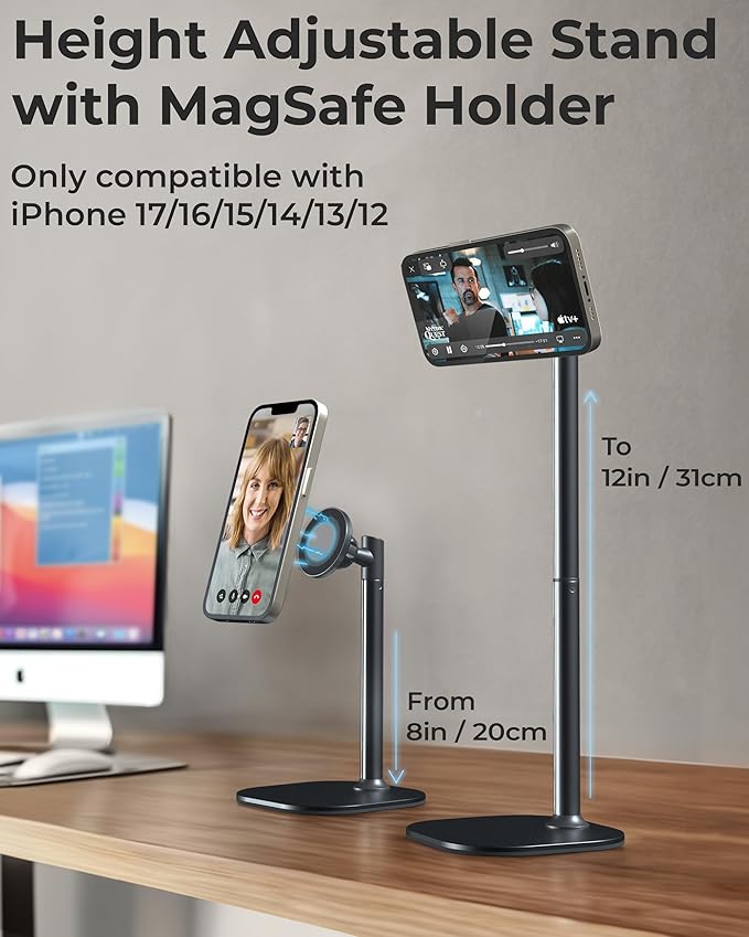 COOPER MagStand, Adjustable Magnetic iPhone Stand for Desk & Phone Holder for Video Recording, Compatible with MagSafe, Stand for iPhone 17 Pro Max, 16/15/14/13/12, Small Mag Safe Tripod (Black)