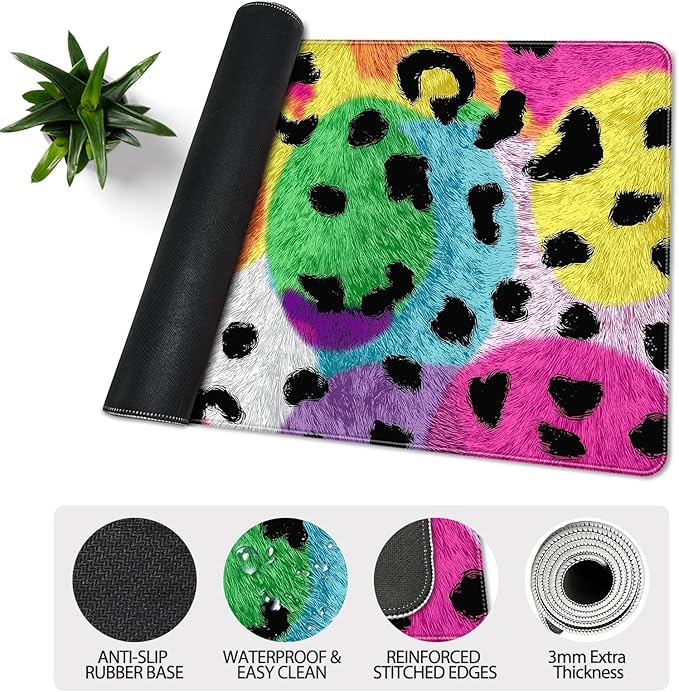 35.4 x 15.7 in, XXL Large Mouse Pad for Desk, Extended Keyboard Mouse Mat for Computer Office, Big Mouse pad with Stitched Edges, Gaming Pc-Leopard Colorful Background