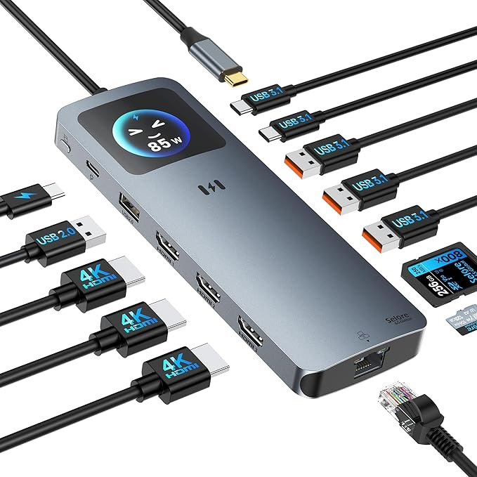 USB C Docking Station 3 HDMI, Selore 13-in-1 Laptop Docking Station with Triple 4K HDMI, Smart Display, 2.5G Ethernet, 100W PD, 10Gbps USB A/C 3.1, SD/microSD Card Reader for Dell/HP/Lenovo Laptops