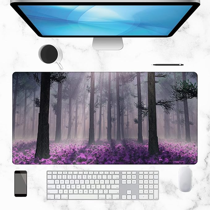 Gaming Desk Mat Large, Purple Misty Forest Extended Mousepad,Non-Slip Rubber Mouse Pad Stitched Edges,Desktop Decorative Accessories for Home Office 31.5" x 15.7"