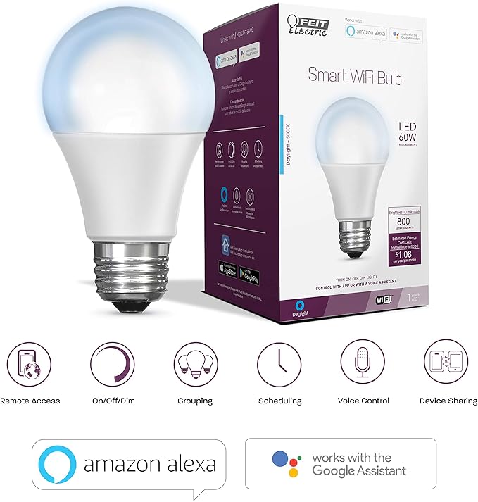 Feit Electric OM60/950CA/AG 60W Equivalent 2.4GHz WiFi Dimmable, No Hub Required, Alexa Google Assistant A19 Smart LED Light Bulb, 4.4" H x 2.3" D, 5000K Daylight