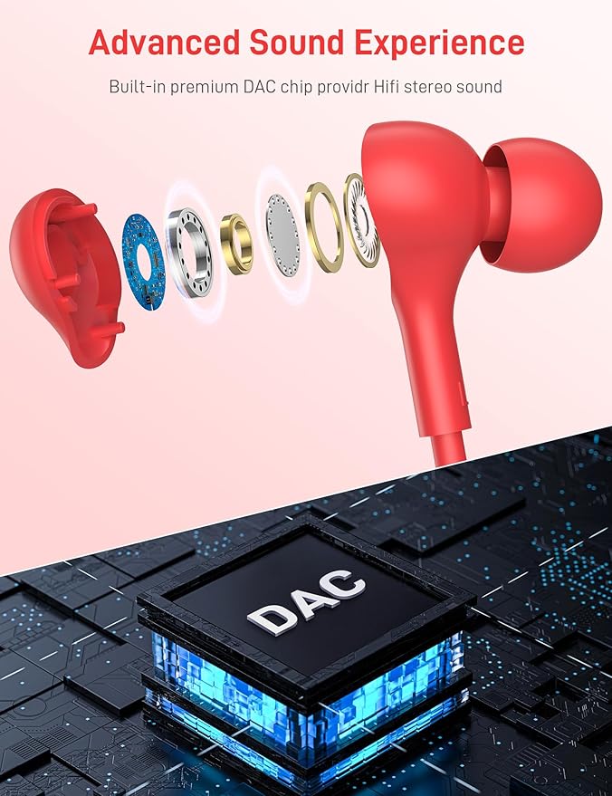 iMangoo for Apple USB C Wired Headphones, Hi-Fi Sound Corded Earbuds, Ergonomic Small in Ear Buds for iPhone 17 Pro Max/17e/16 Plus/16e/15, for Samsung S26/S25 Ultra/for Pixel Type C Earphones Red