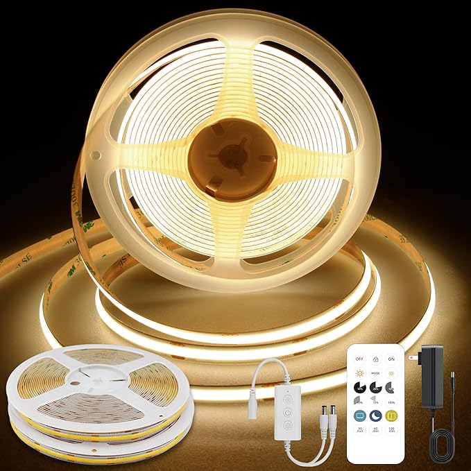 Pandery COB LED Strip Lights Warm White,24V Dimmable led Light Strip KIT with Remote and app Control,3000K 32.8FT/2 * 5m 8mm Wide Ra>90 Cuttable Flexible Strip Lights for Bedroom,Wardrobe,Cabinet