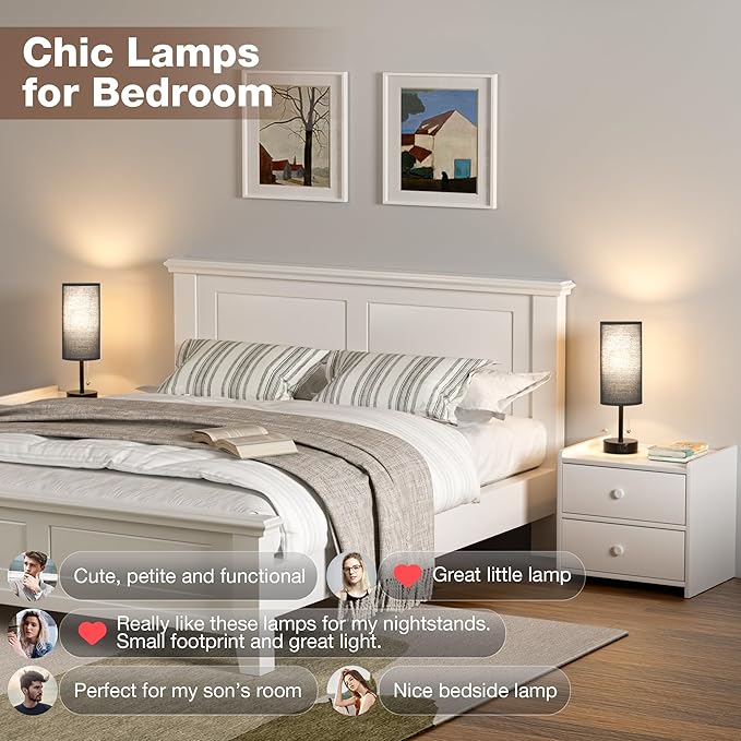 PartageiZ Black Bedside Lamps for Bedroom Set of 2 - Nightstand Table Lamp with USB Charging Port, Pull Chain Night Stand Light, Side Table Desk Reading Lamp for Living Room/Dorm/Bathroom/Kitchen