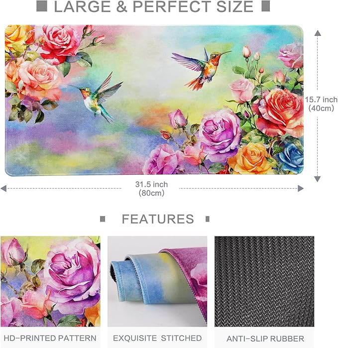 Colorful Large Mouse Pad, Pink Floral Desk Mat for Desktop, Women Girls Waterproof Gaming Mousepad, Computer PC Laptop Protector Writing Pads for School Office Home 31.5" x 15.7", Floral
