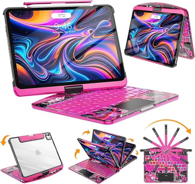 SIBEITU Keyboard Case for iPad Pro 13 Inch (M5 2025 / M4 2024), 360 Rotatable iPad Pro 13 Clear Cover with Multi-Touch Trackpad, 7-Color Backlight & 3 Brightness, High-Tech Visible PCB Design, Pink